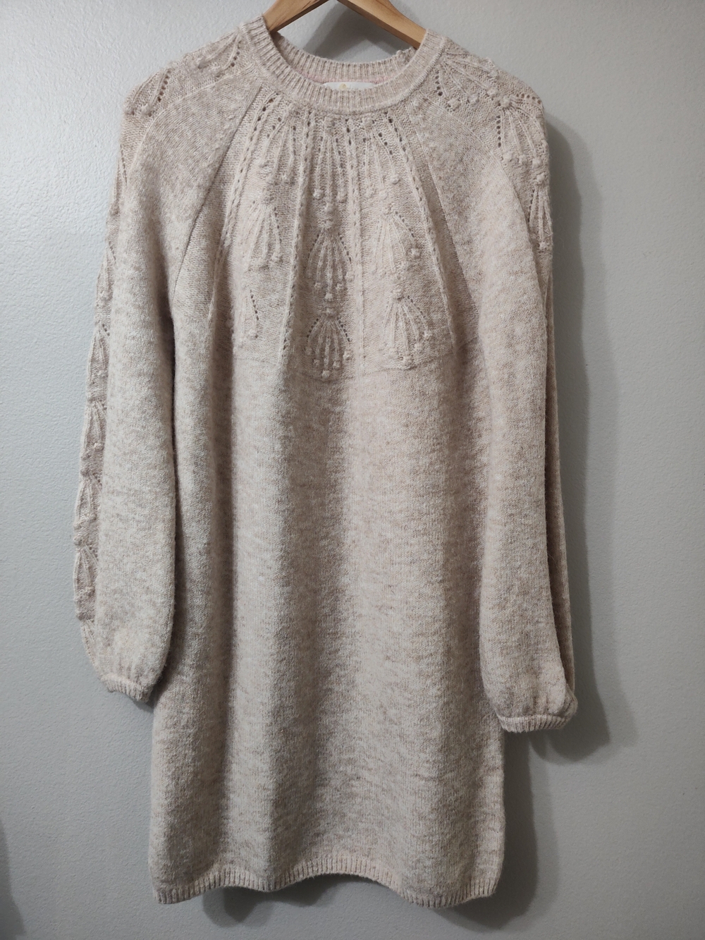 Boden Oatmeal Textured Yoke Long Sleeve Wool Blend Midi Dress Cozy Cabin Preppy